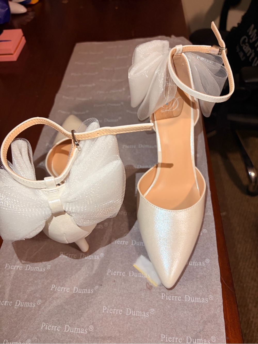 Pierre Dumas White Satin Pointed-Toe Ankle-Strap Heels with Tulle Bows